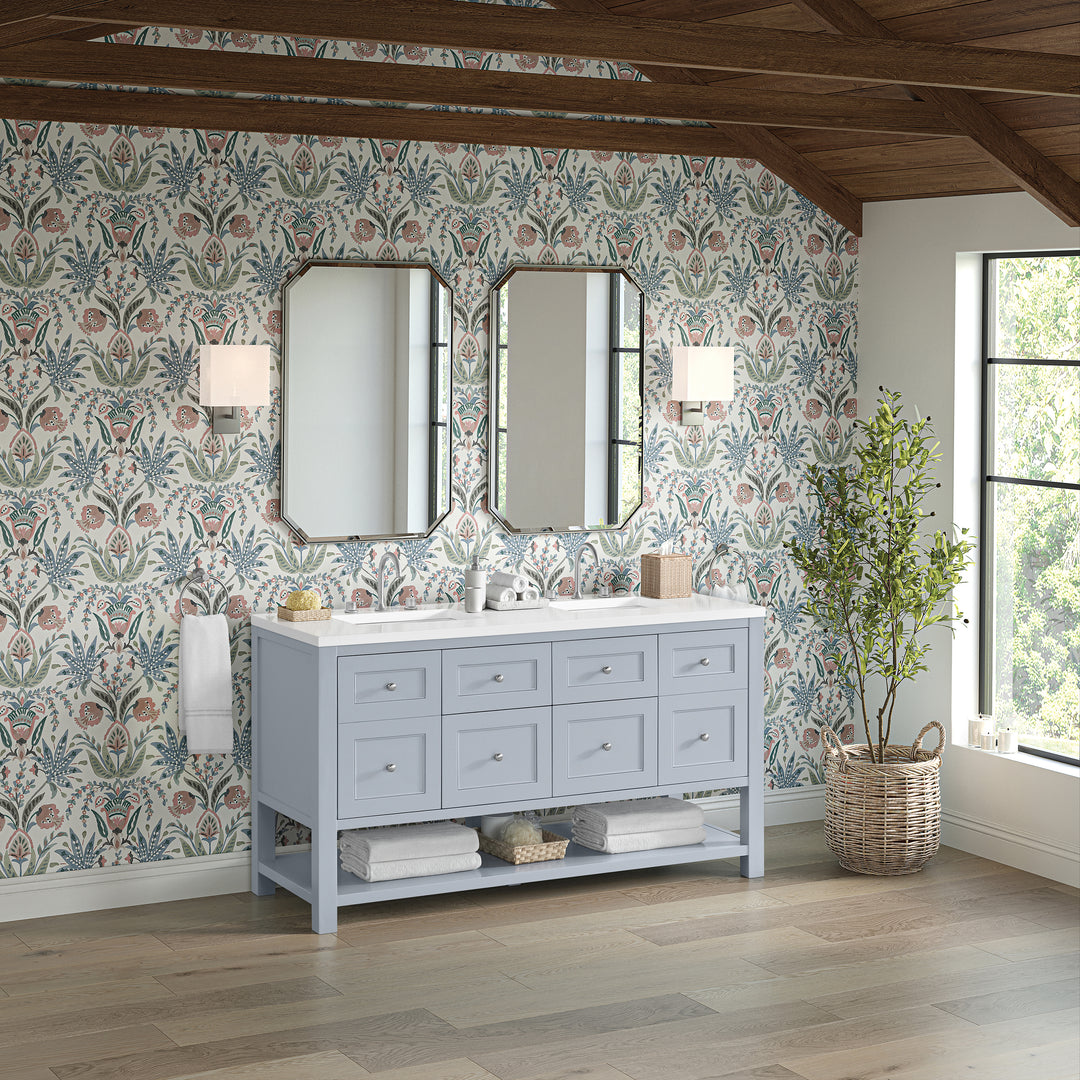 Breckenridge 60" Double Vanity, Serenity Blue, w/ 3 CM White Zeus Quartz Top