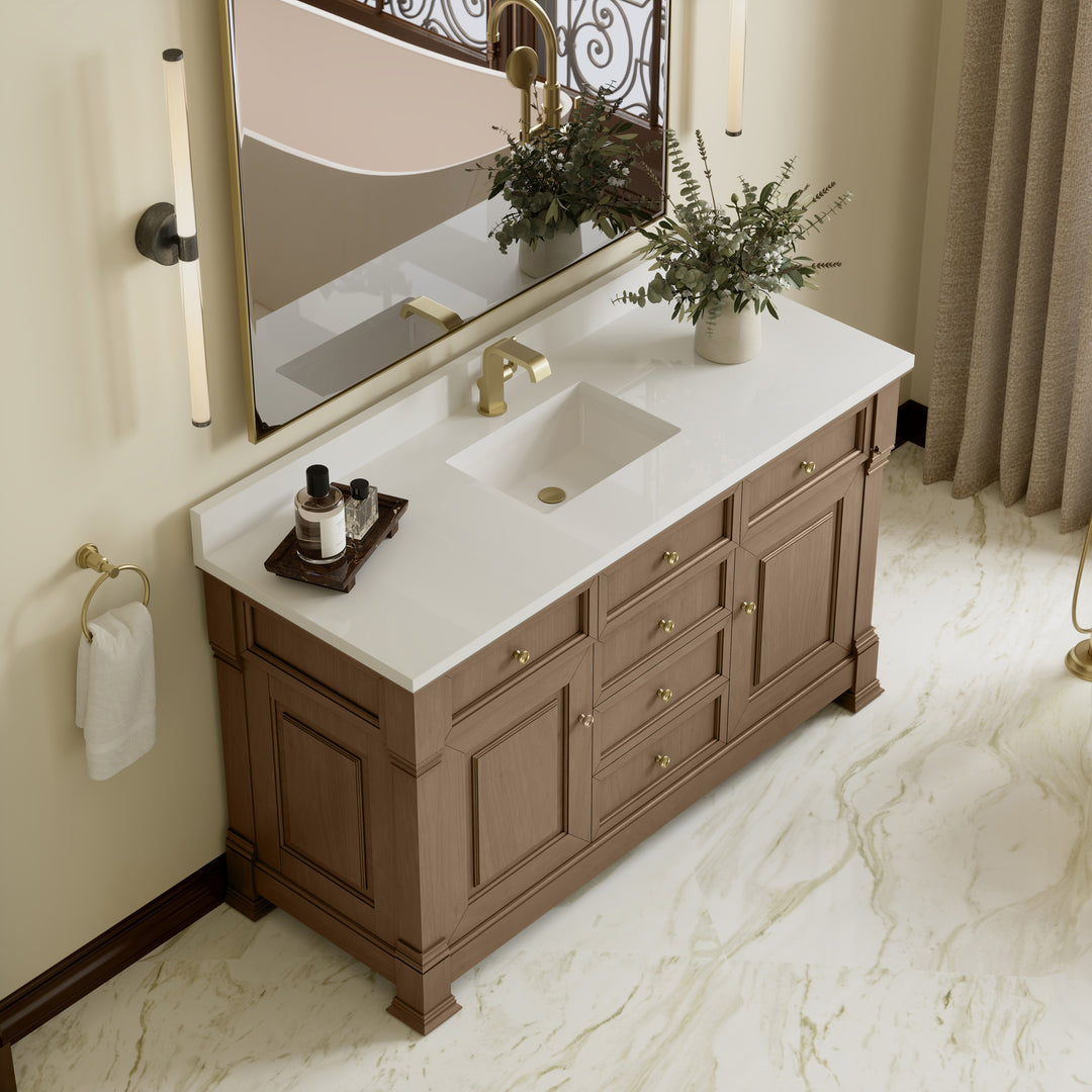 Brookfield 60" Single Vanity, Pecan w/ Single Hole 3CM White Zeus Silestone® Top & Backsplash