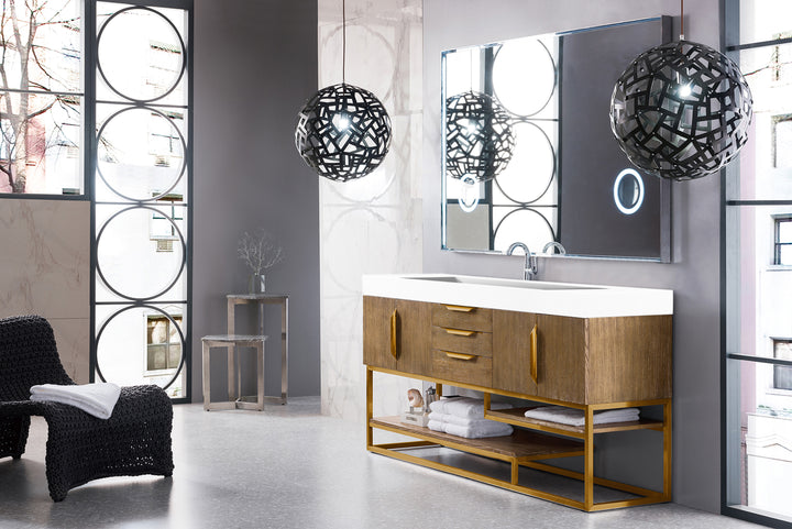 Columbia 72" Single Vanity, Latte Oak, Radiant Gold w/ Glossy White Composite Stone Top