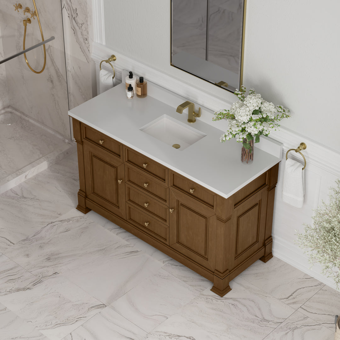 Brookfield 60" Single Vanity, Honey Oak w/ Single Hole 3 CM White Zeus Silestone® Top & Backsplash