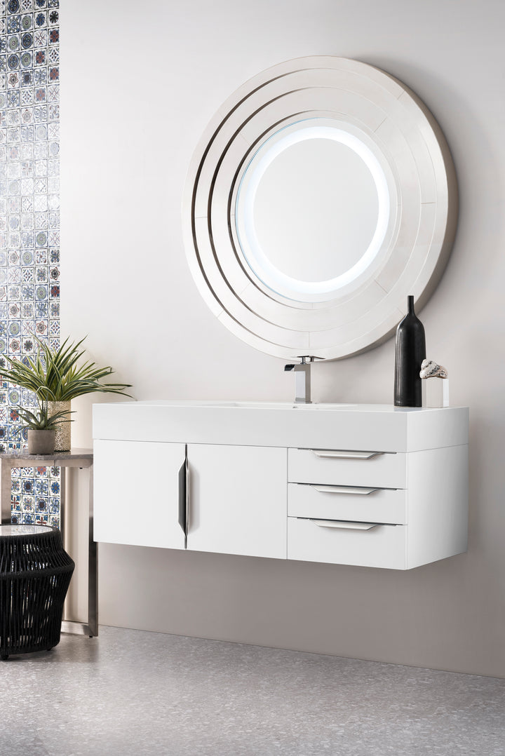 Columbia 48" Single Wall Mount Vanity, Glossy White, Brushed Nickel w/ Glossy White Composite Stone Top