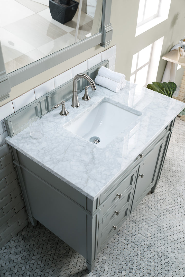 Brittany 36" Single Vanity, Urban Gray w/ 3 CM Carrara Marble Top