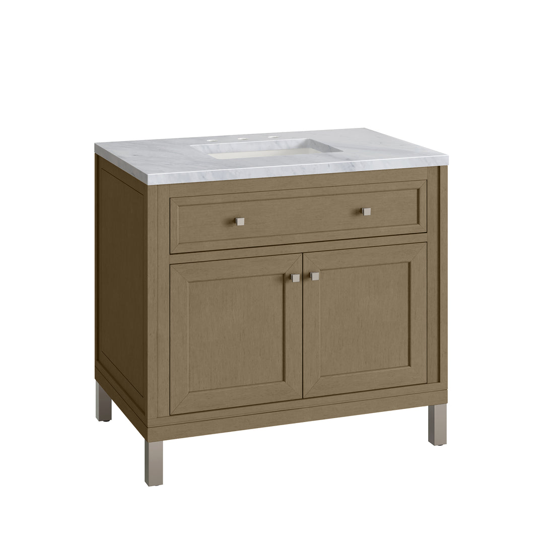 Chicago 36" Single Vanity, Walnut Whisper, w/ 3 CM Carrara Marble Top