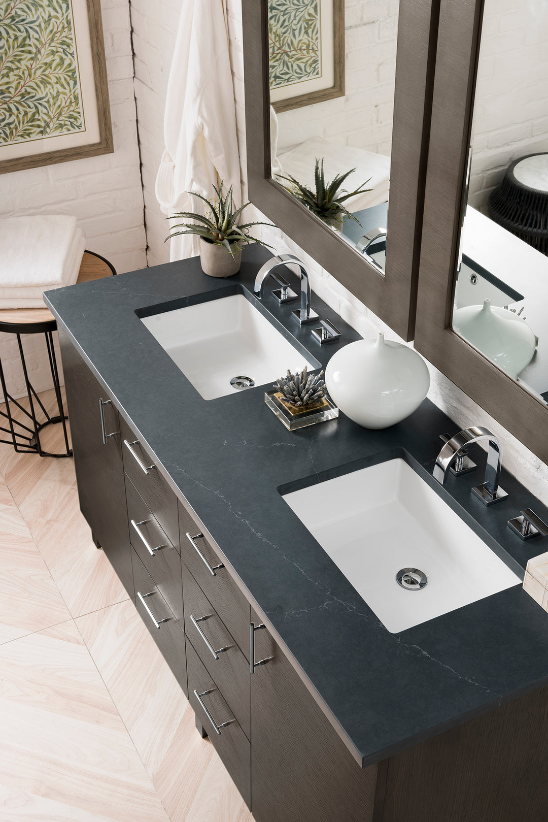 Metropolitan 60" Double Vanity, Silver Oak w/ 3 CM Charcoal Soapstone Silestone Top