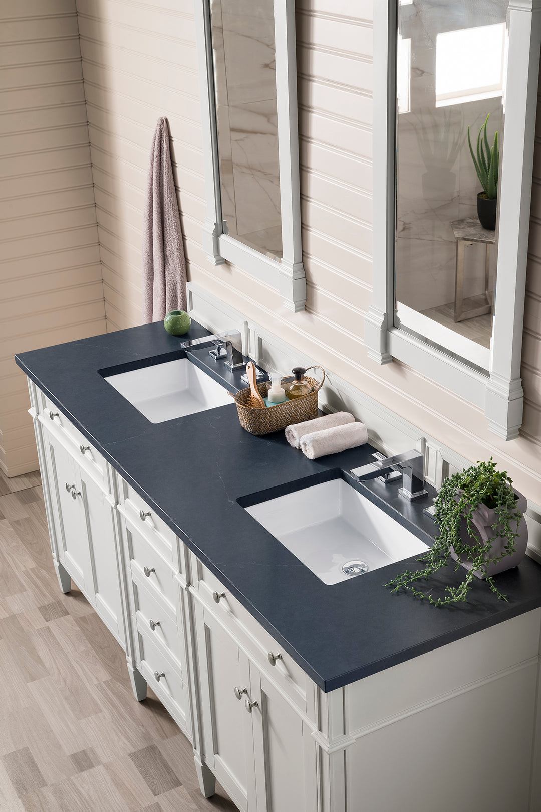 Brittany 72" Double Vanity, Bright White Vanity w/ 3 CM Charcoal Soapstone Silestone Top