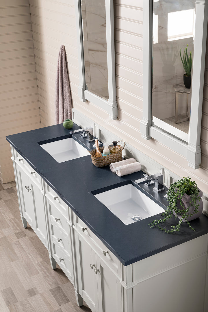 Brittany 72" Double Vanity, Bright White Vanity w/ 3 CM Charcoal Soapstone Silestone Top