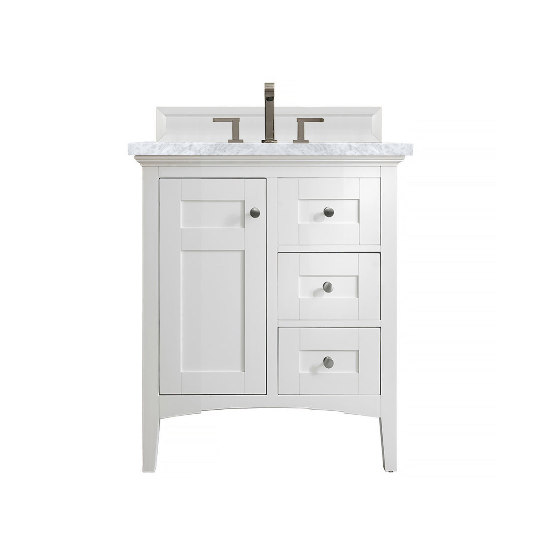 Palisades 30" Single Vanity, Bright White w/ 3 CM Carrara Marble Top