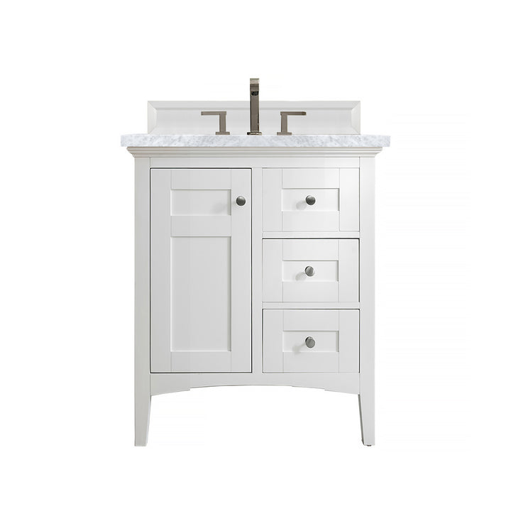 Palisades 30" Single Vanity, Bright White w/ 3 CM Carrara Marble Top