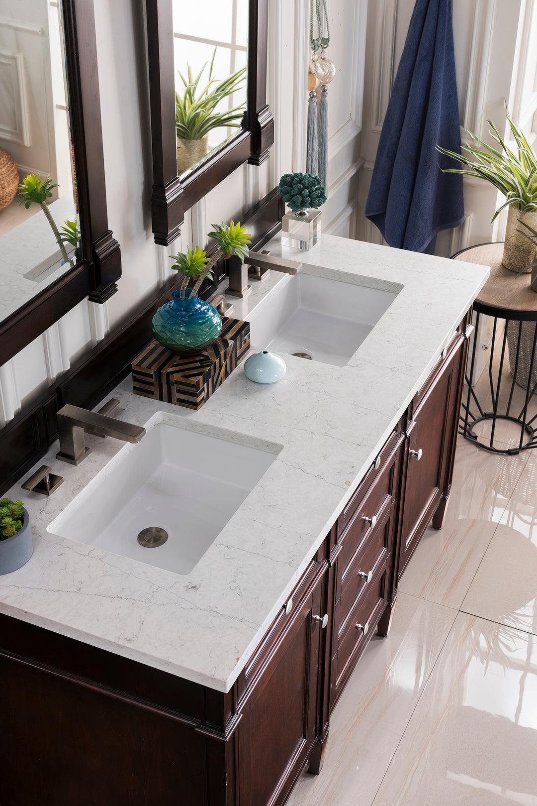 Brittany 60" Double Vanity, Burnished Mahogany w/ 3 CM Eternal Jasmine Pearl Silestone Top w/FreePower Wireless Charger