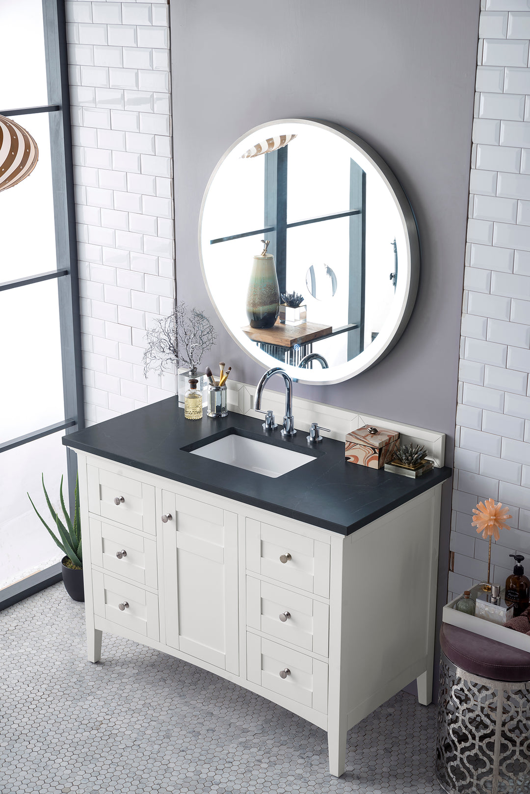 Palisades 48" Single Vanity, Bright White w/ 3 CM Charcoal Soapstone Silestone Top