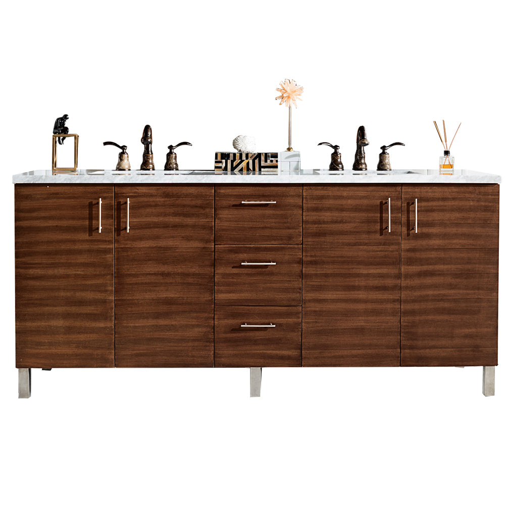 Metropolitan 72" Double Vanity, American Walnut w/ 3 CM Carrara Marble Top