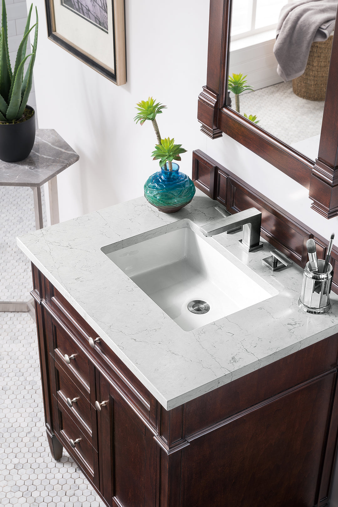 Brittany 30" Single Vanity, Burnished Mahogany, w/ 3 CM Eternal Jasmine Pearl Silestone Top