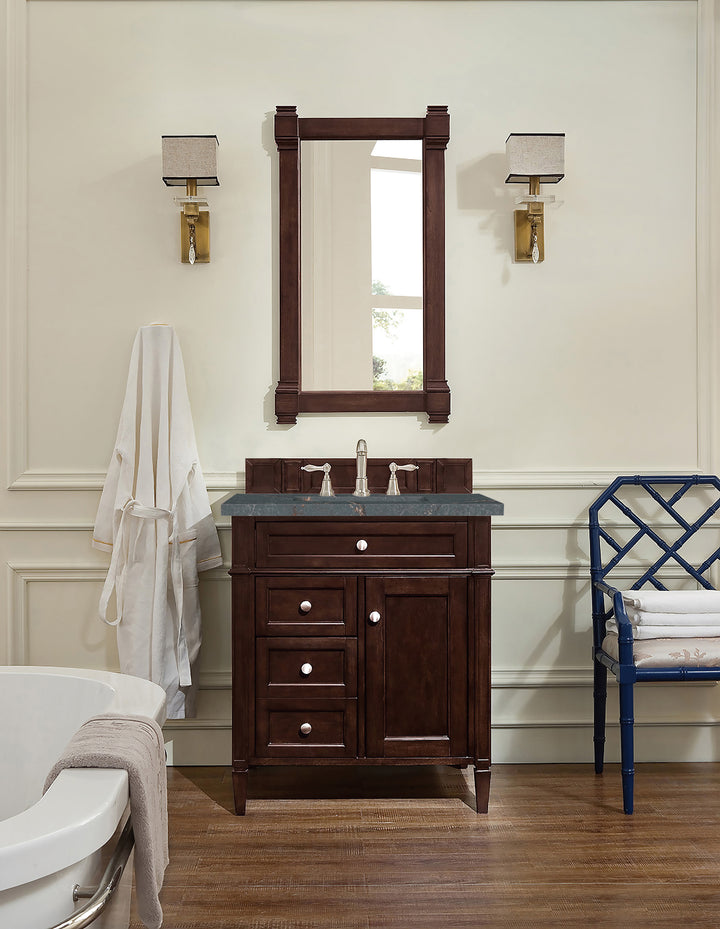 Brittany 30" Single Vanity, Burnished Mahogany, w/ 3 CM Parisien Bleu Silestone Top