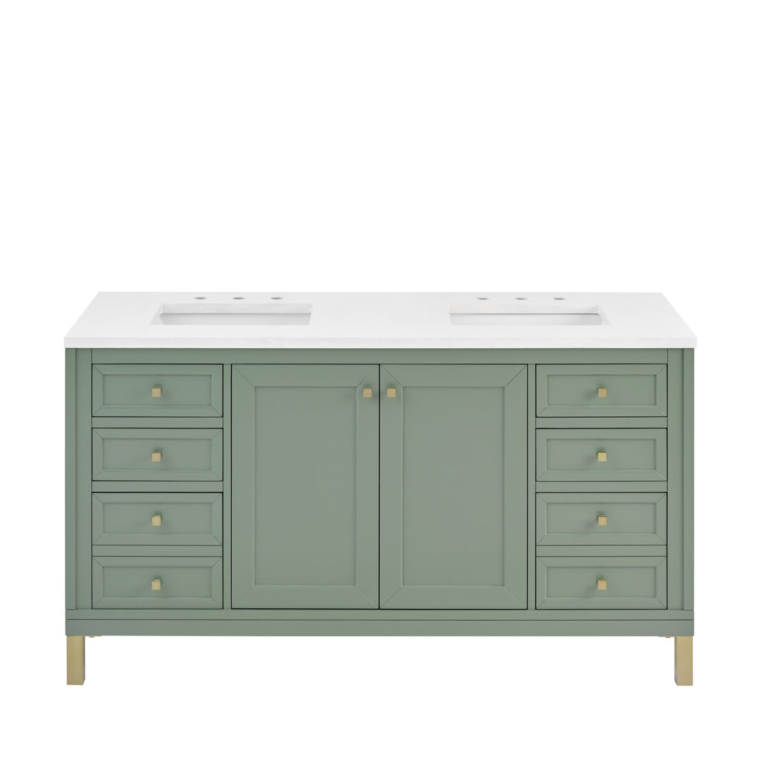 Chicago 60" Double Vanity, Smokey Celadon, w/ 3 CM White Zeus Silestone® Top
