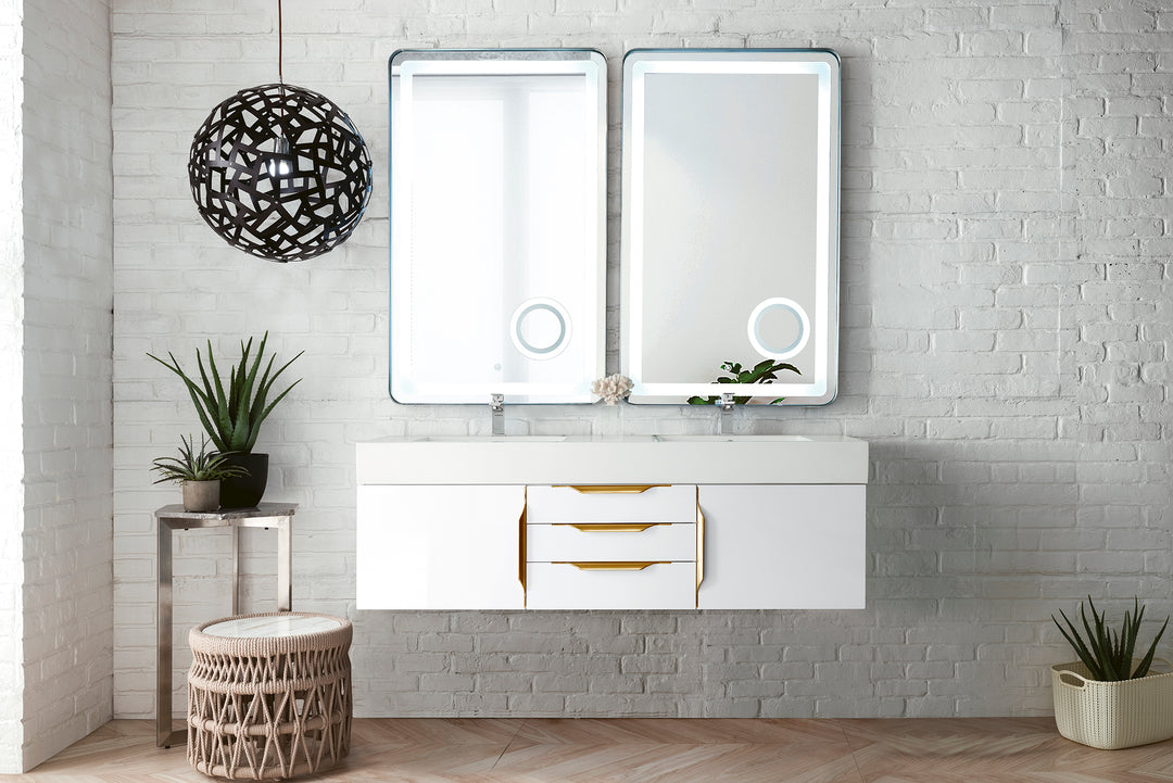 Columbia 59" Double Wall Mount Vanity, Glossy White, Radiant Gold w/ Glossy White Composite Stone Top