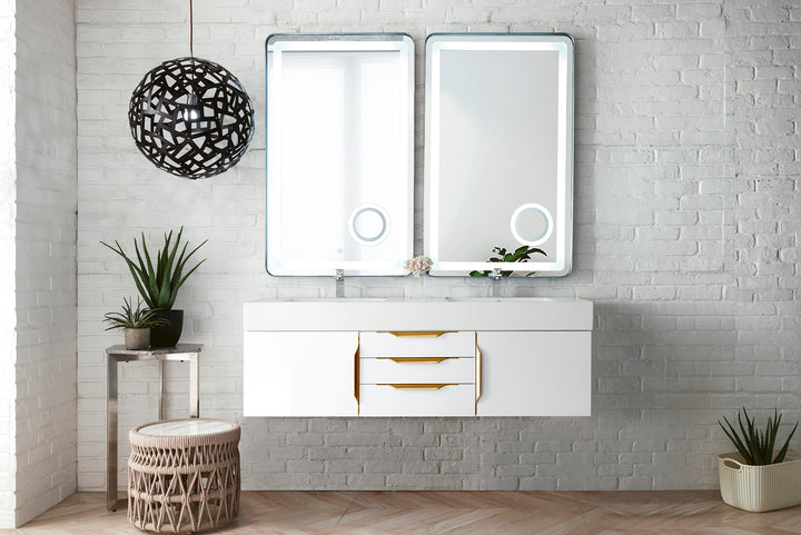 Columbia 59" Double Wall Mount Vanity, Glossy White, Radiant Gold w/ Glossy White Composite Stone Top