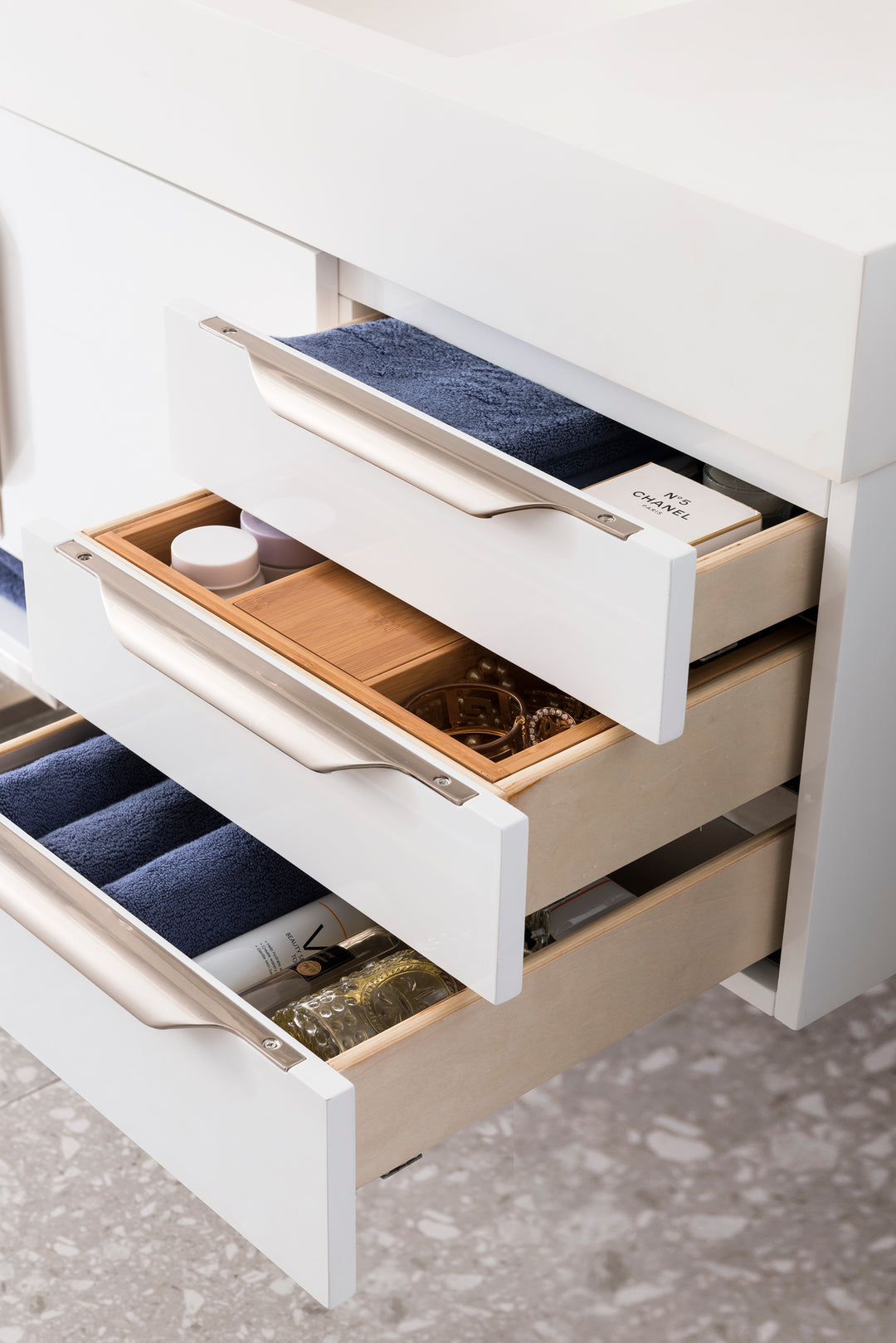 Columbia 48" Single Wall Mount Vanity, Glossy White, Brushed Nickel w/ Glossy White Composite Stone Top