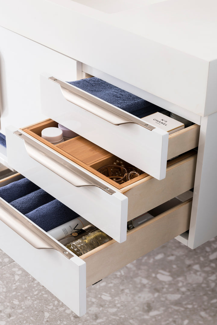 Columbia 48" Single Wall Mount Vanity, Glossy White, Brushed Nickel w/ Glossy White Composite Stone Top