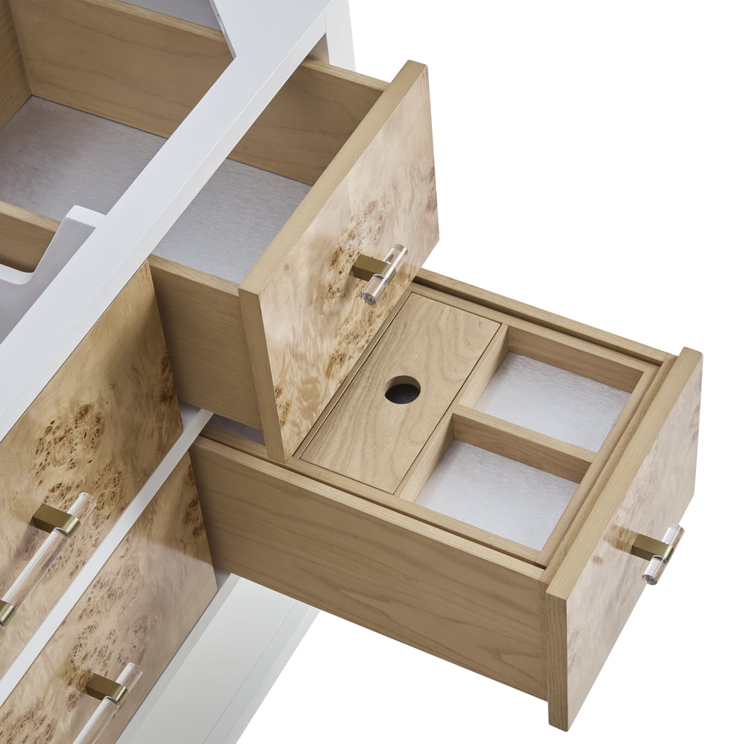 Olena 48" Single Vanity, Light Mappa Burl and Polished White w/ Single Hole 3 CM White Zeus Silestone Top & Backsplash