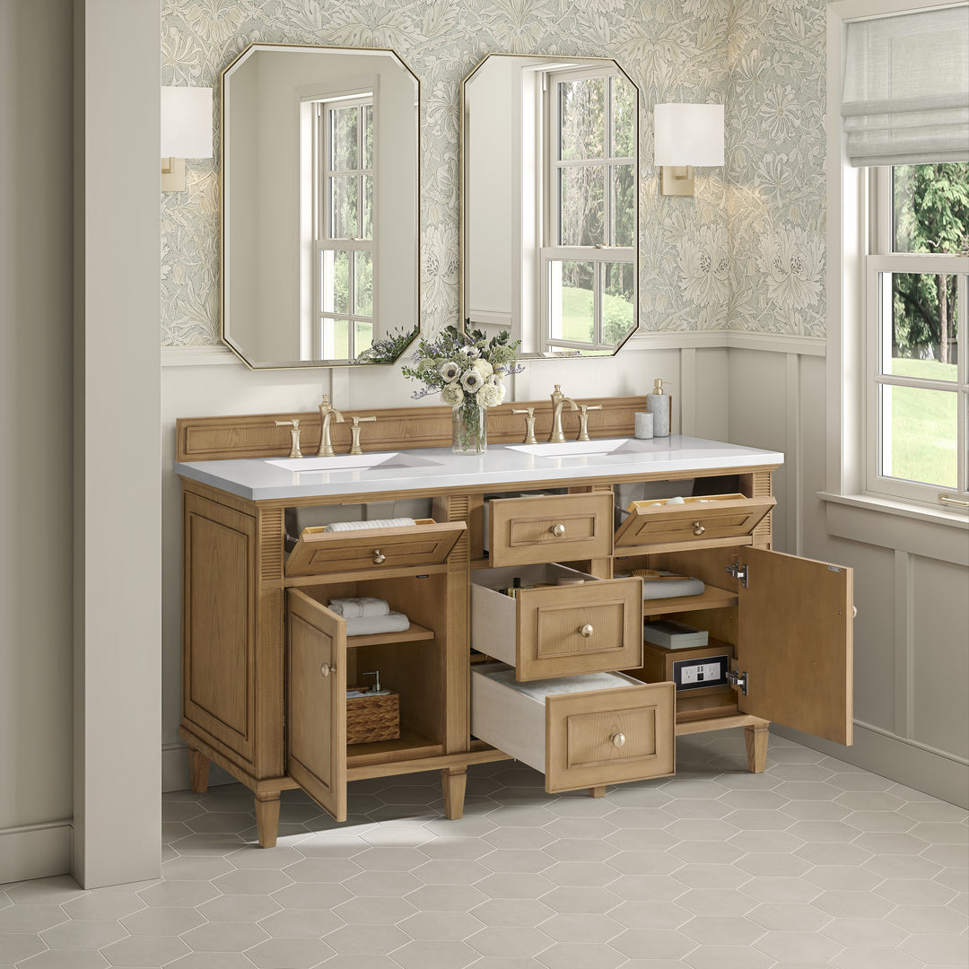 Lorelai 60" Double Vanity, Light Natural Oak w/ 3 CM White Zeus Silestone Top