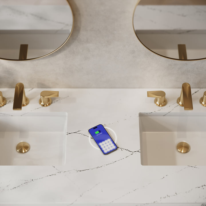 Brookfield 60" Double Vanity, Pecan w/ 3 CM Ethereal Noctis Silestone®  Top w/FreePower Wireless Charger