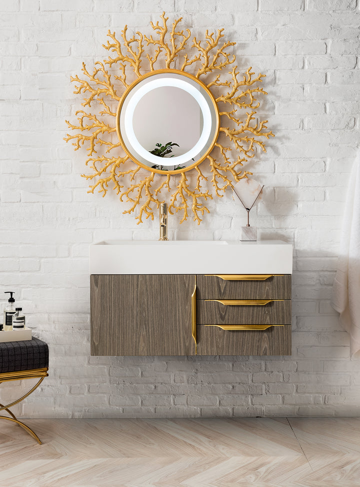 Columbia 36" Single Wall Mount Vanity, Ash Gray, Radiant Gold w/ Glossy White Composite Stone Top