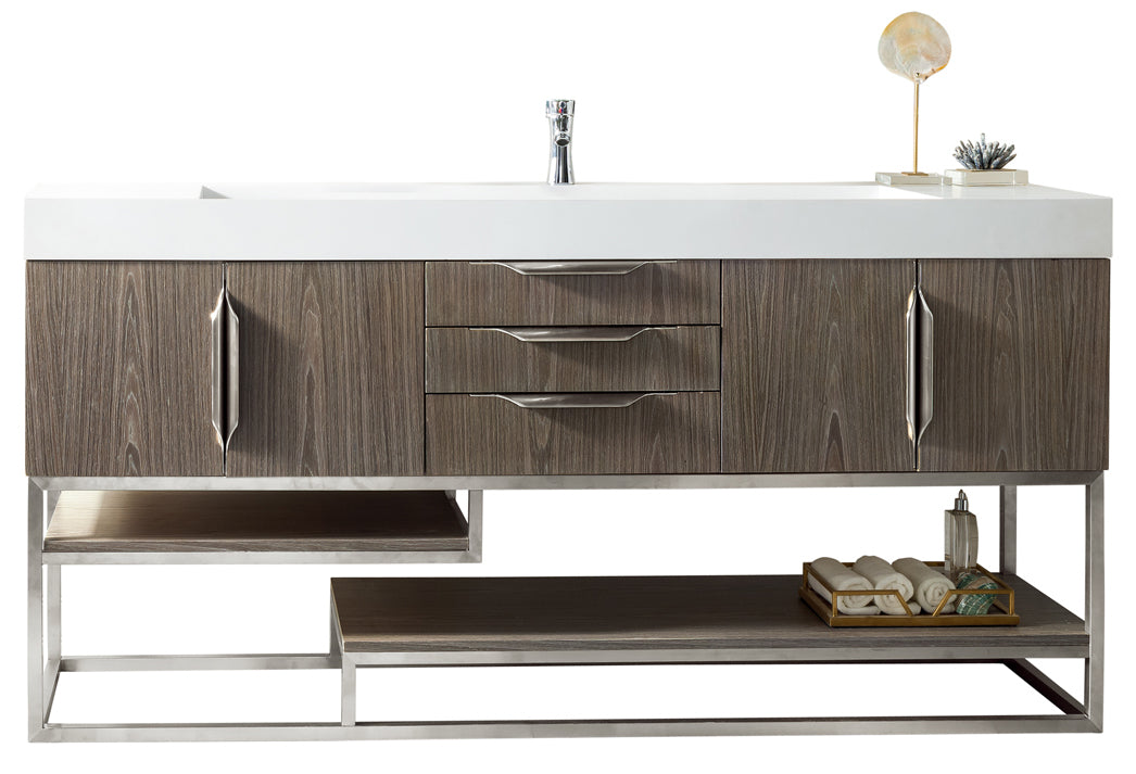 Columbia 72" Single Vanity, Ash Gray, Brushed Nickel w/ Glossy White Composite Stone Top