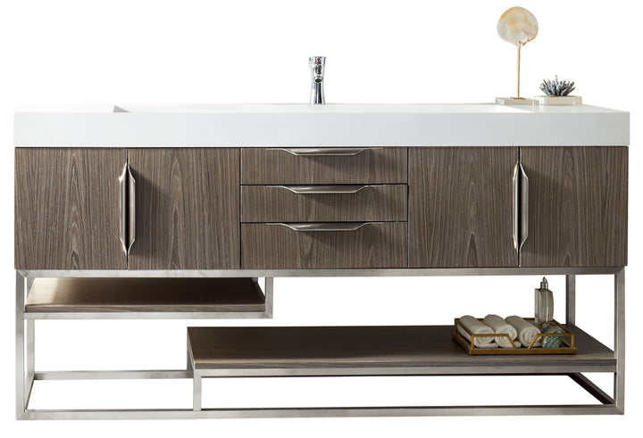 Columbia 72" Single Vanity, Ash Gray, Brushed Nickel w/ Glossy White Composite Stone Top