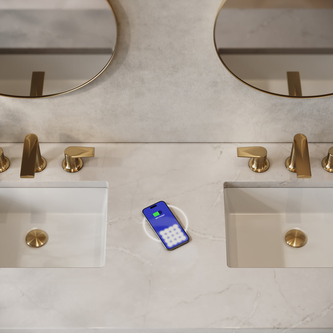 Brookfield 60" Double Vanity, Pecan w/ 3 CM Victorian Silver Silestone® Top w/FreePower Wireless Charger