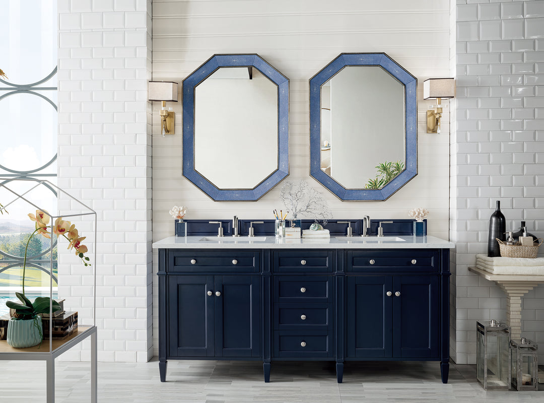 Brittany 72" Double Vanity, Victory Blue w/ 3 CM Eternal Jasmine Pearl Silestone Top