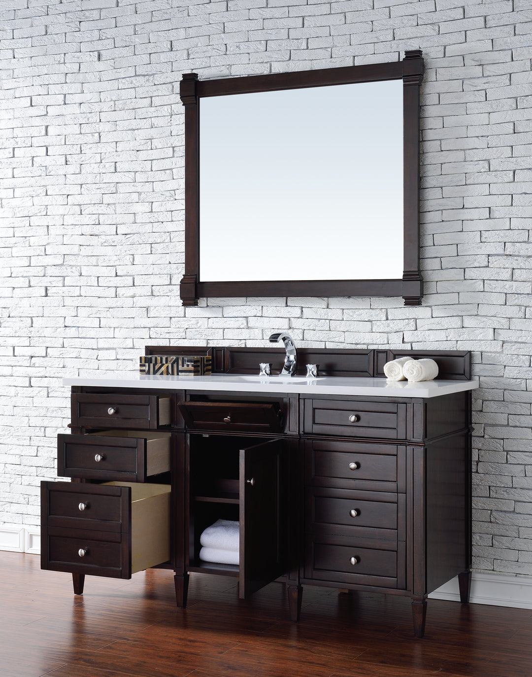 Brittany 60" Single Vanity, Burnished Mahogany w/ 3 CM White Zeus Silestone Top