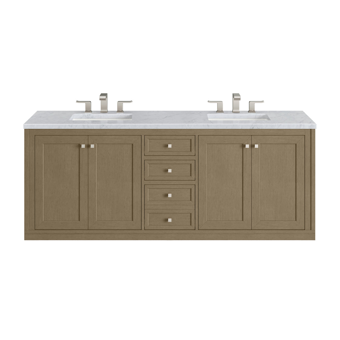 Chicago 72" Double Vanity, Walnut Whisper, w/ 3 CM Carrara Marble Top