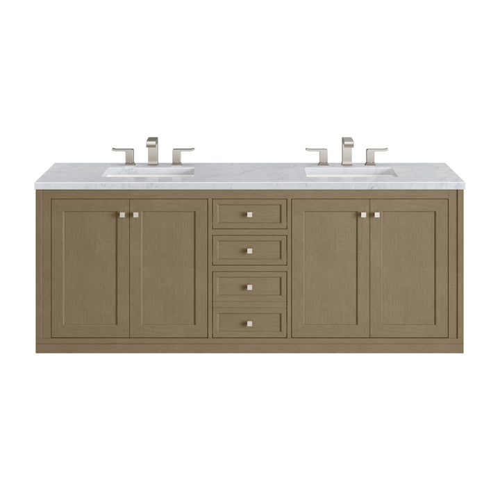 Chicago 72" Double Vanity, Walnut Whisper, w/ 3 CM Carrara Marble Top