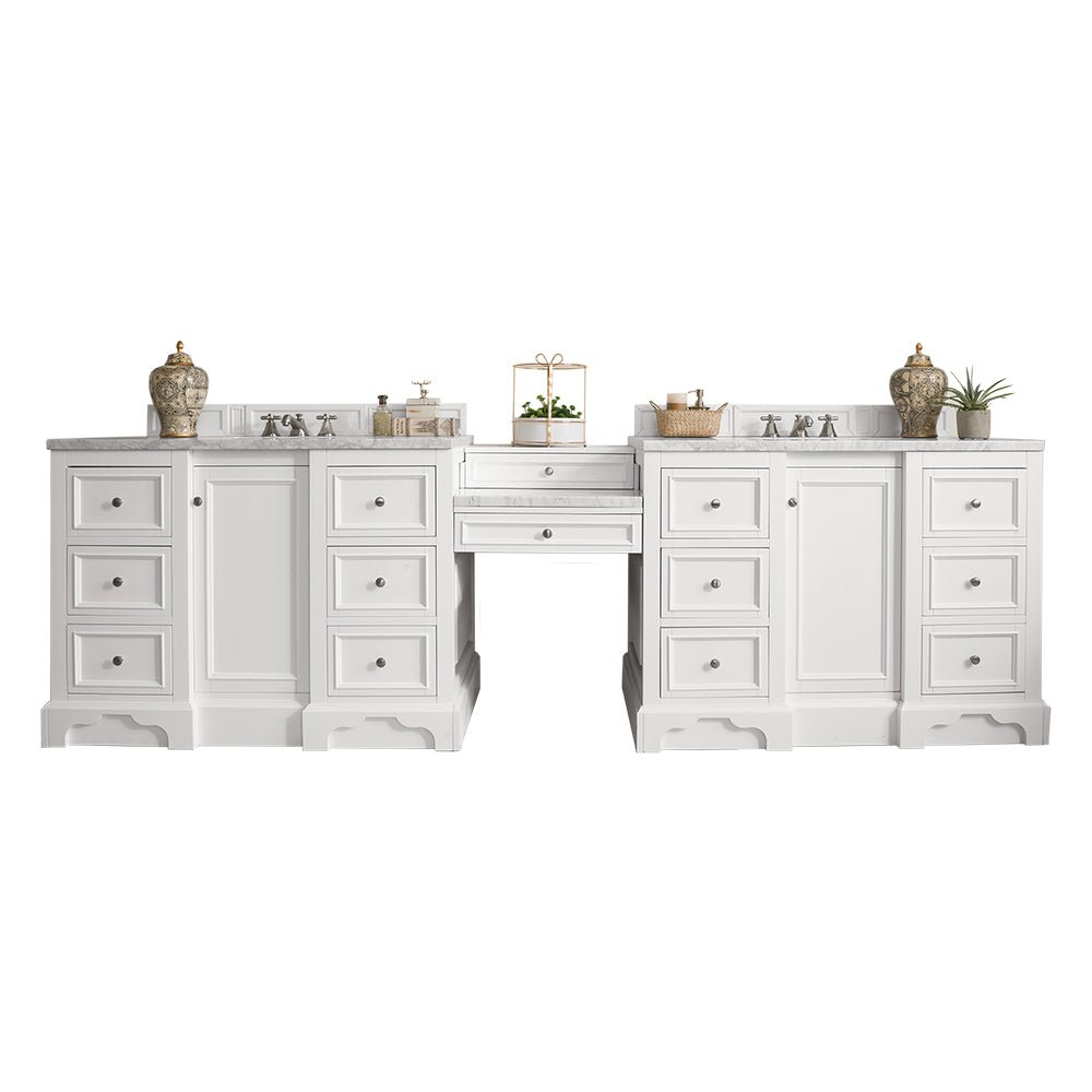 De Soto 118" Double Vanity Set, Bright White w/ 3 CM Carrara Marble Top
