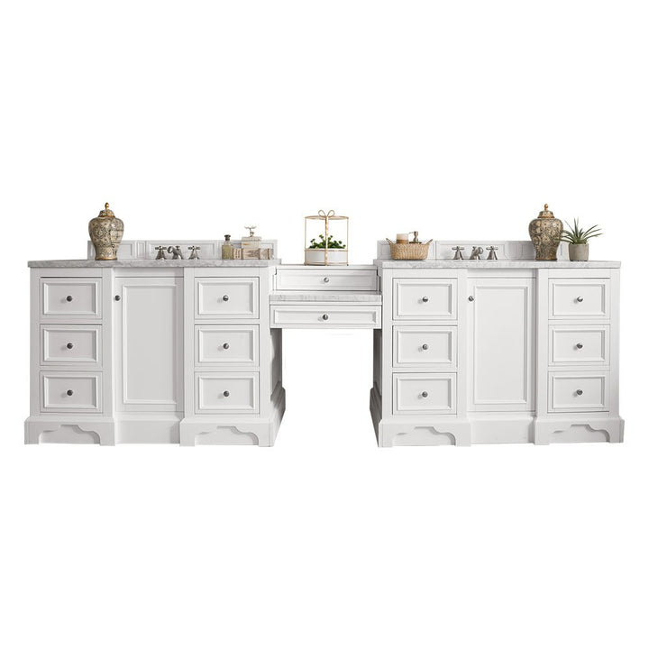 De Soto 118" Double Vanity Set, Bright White w/ 3 CM Carrara Marble Top
