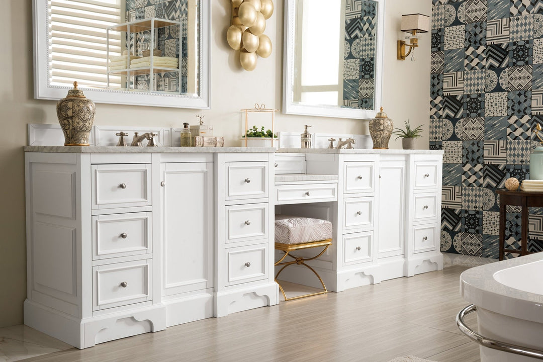 De Soto 118" Double Vanity Set, Bright White w/ 3 CM Carrara Marble Top