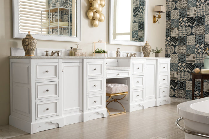 De Soto 118" Double Vanity Set, Bright White w/ 3 CM Carrara Marble Top
