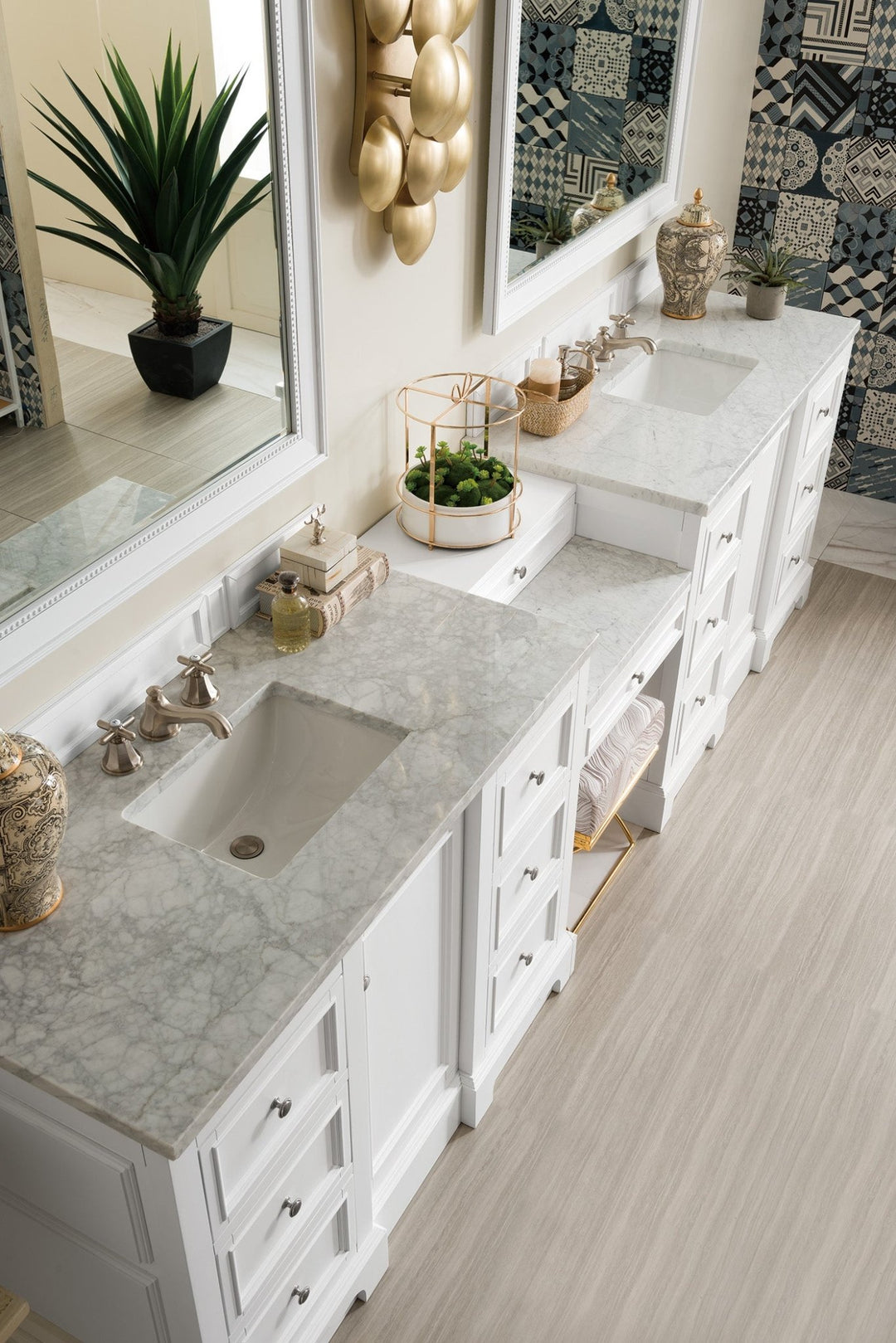 De Soto 118" Double Vanity Set, Bright White w/ 3 CM Carrara Marble Top