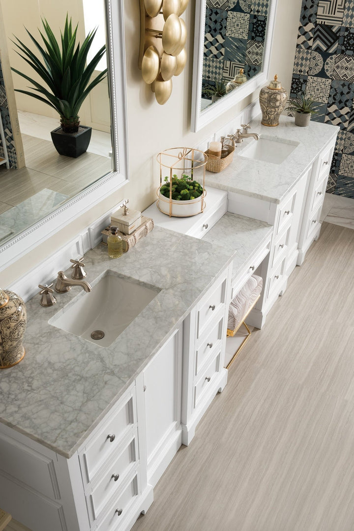De Soto 118" Double Vanity Set, Bright White w/ 3 CM Carrara Marble Top