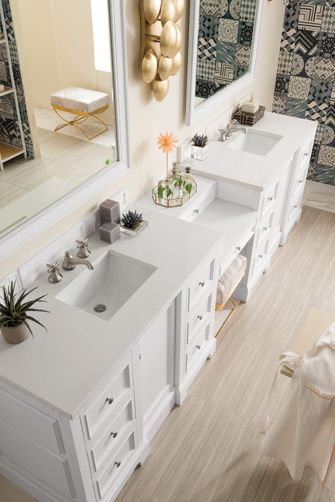 De Soto 118" Double Vanity Set, Bright White w/ 3 CM White Zeus Silestone Top