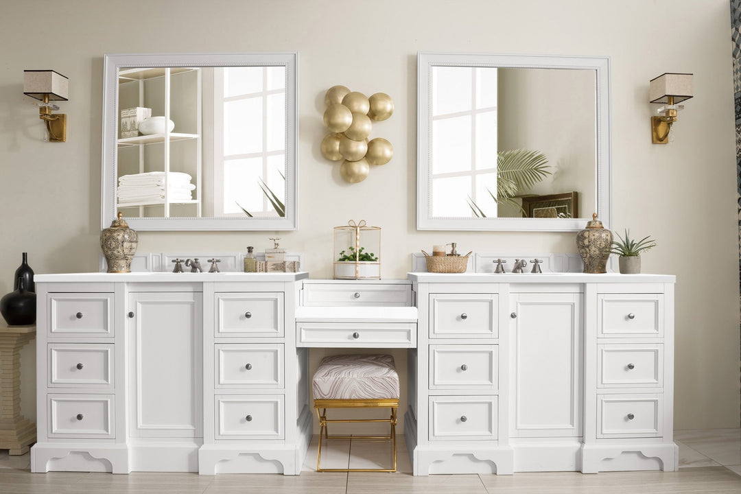 De Soto 118" Double Vanity Set, Bright White w/ 3 CM White Zeus Silestone Top