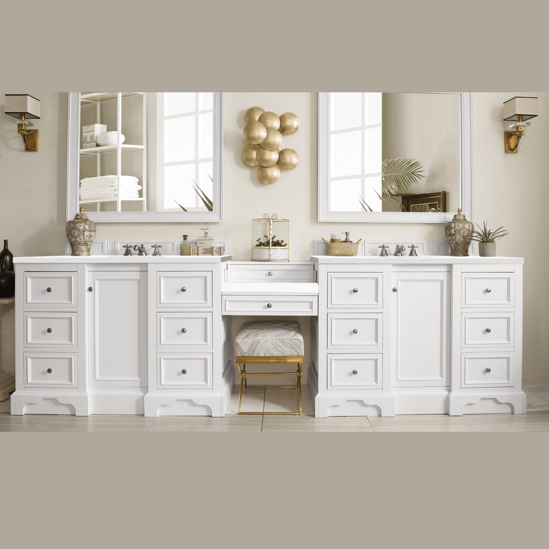 De Soto 118" Double Vanity Set, Bright White w/ 3 CM White Zeus Silestone Top