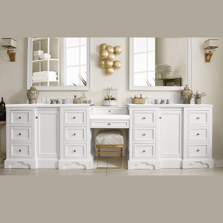De Soto 118" Double Vanity Set, Bright White w/ 3 CM White Zeus Silestone Top