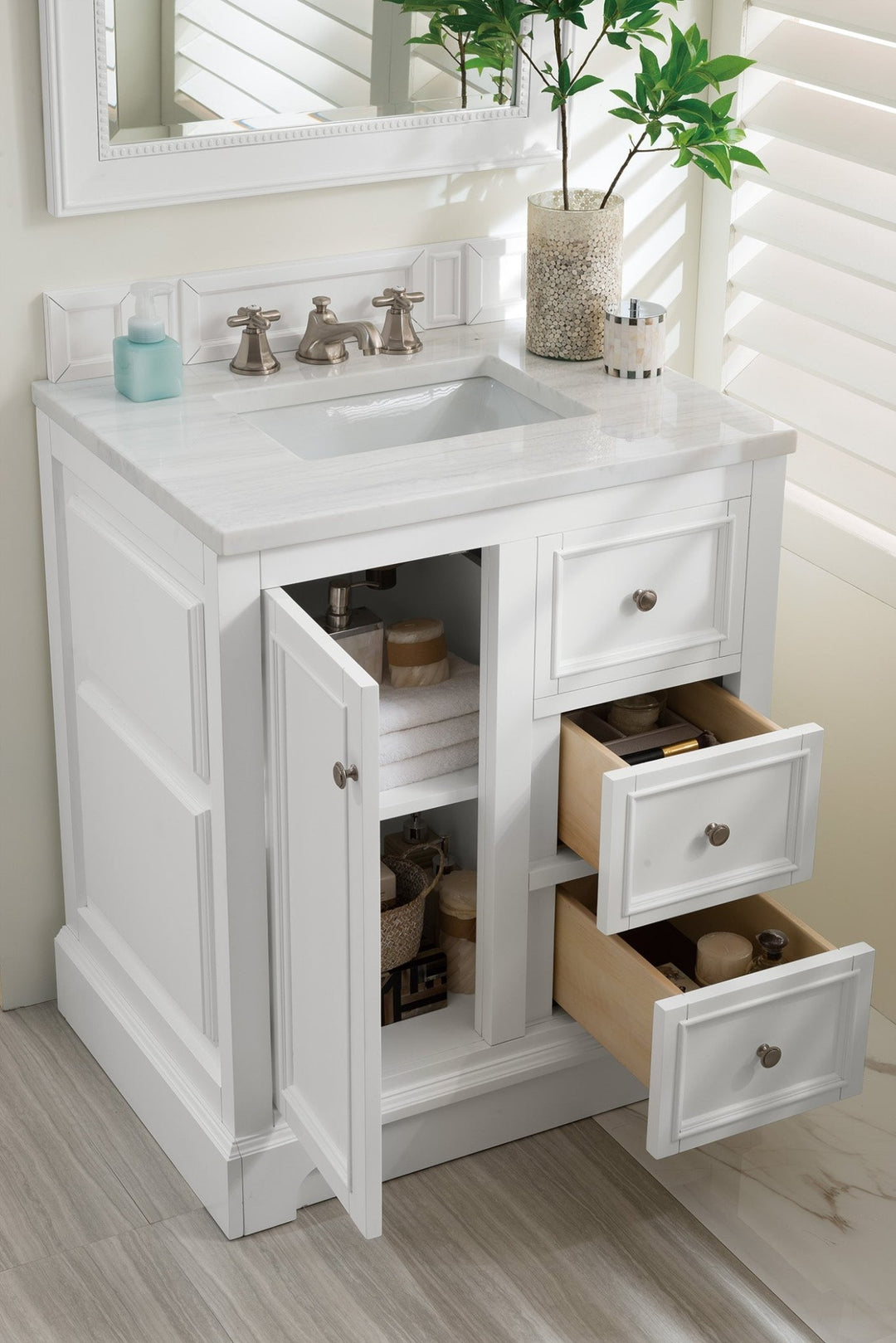 De Soto 30" Single Vanity, Bright White w/ 3 CM Arctic Fall Solid Surface Top