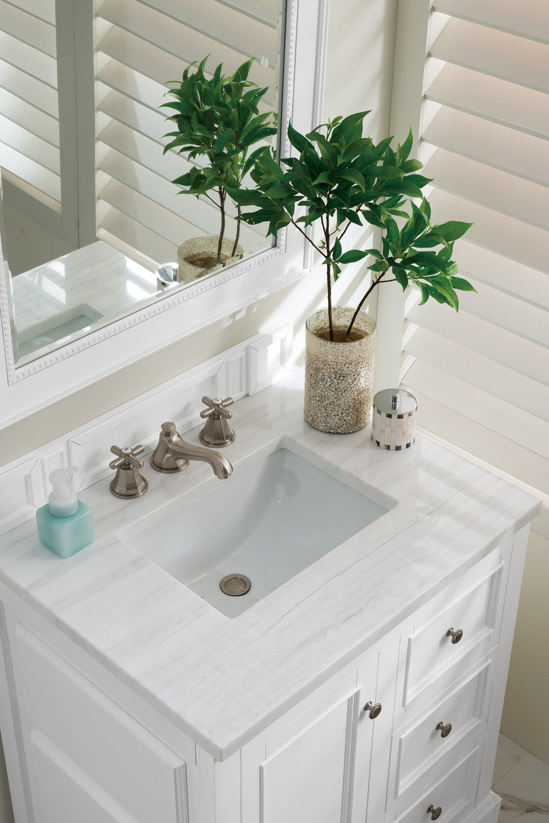 De Soto 30" Single Vanity, Bright White w/ 3 CM Arctic Fall Solid Surface Top