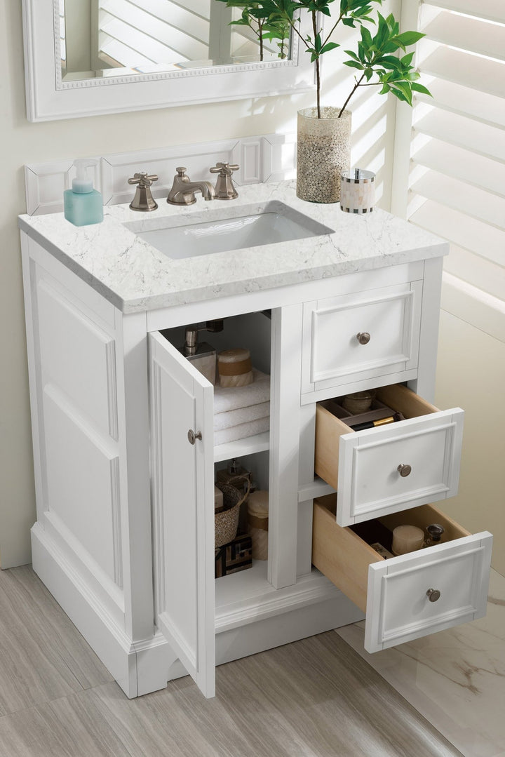 De Soto 30" Single Vanity, Bright White w/ 3 CM Eternal Jasmine Pearl Silestone Top