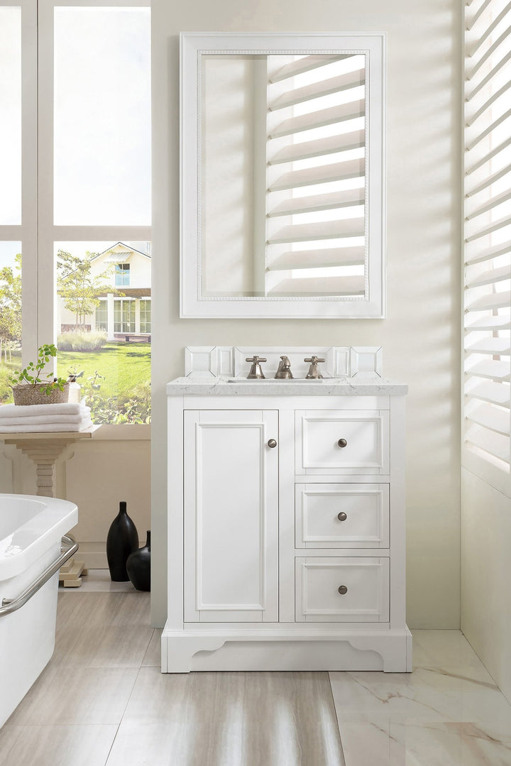 De Soto 30" Single Vanity, Bright White w/ 3 CM Eternal Jasmine Pearl Silestone Top