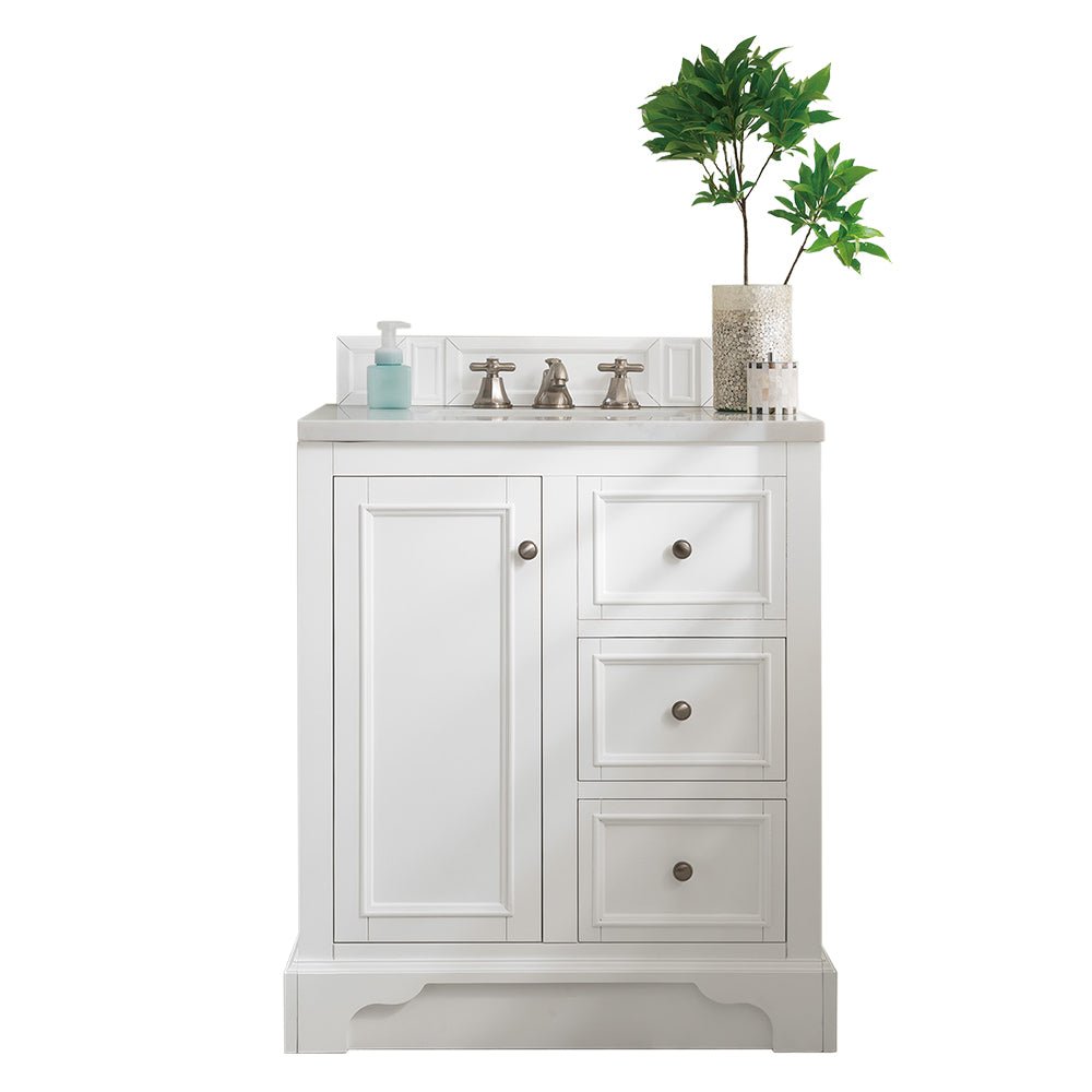 De Soto 30" Single Vanity, Bright White w/ 3 CM Eternal Jasmine Pearl Silestone Top