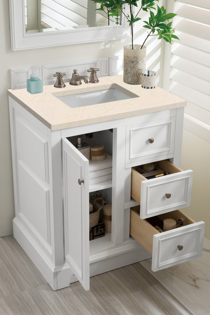 De Soto 30" Single Vanity, Bright White w/ 3 CM Eternal Marfil Silestone Top