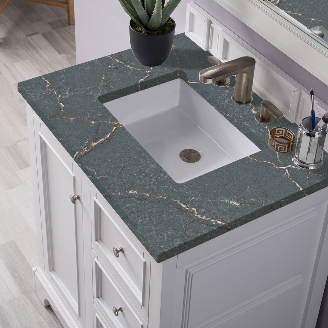 De Soto 30" Single Vanity, Bright White w/ 3 CM Parisien Bleu Silestone Top